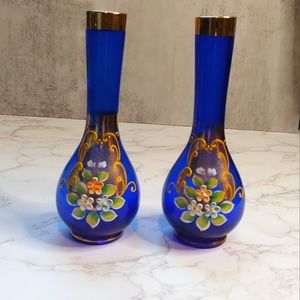 Vintage Cobalt Blue Gold Gilt Bohemian Style Glass Bud Vases w/ Enamel Flowers